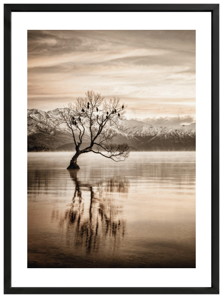 Lonely Tree Reflection Poster – Sepya Göl Manzaralı Yalnız Ağaç Duvar Posteri - Görsel 2