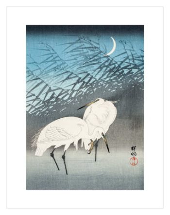 Egrets and Reeds in Moonlight by Ohara Koson