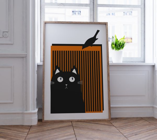 Black Cat and Bird - Görsel 3