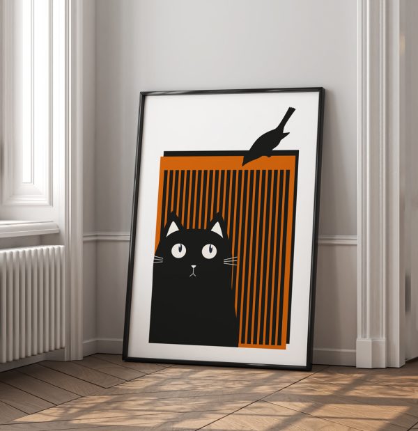 Black Cat and Bird - Görsel 4