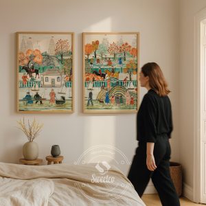 Yatak odası için sakin poster seti ile duvar dekorasyonu örneği 