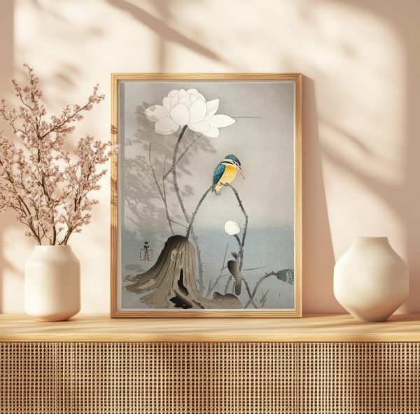 Kingfisher with Lotus Flower by Ohara Koson - Görsel 3