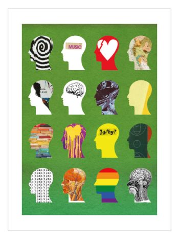 Renkli dokular ve desenlerle hazırlanmış karakter siluetleri posteri