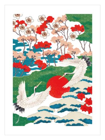 Japanese Cranes & Rising Sun Poster – Geleneksel Japon Sanatı