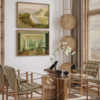 Ahşap cerceveli iki parca dogal poster seti; ustte nehir manzarasi, altta gun isigiyla aydinlanan ic mekan sahnesi bulunur. Sweetco.