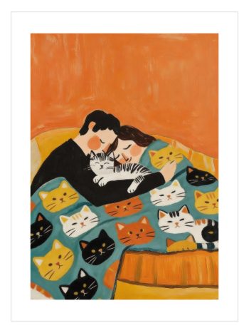Cat Family Illustration Poster – Kedilerle Sarılan Çift İllüstrasyonu