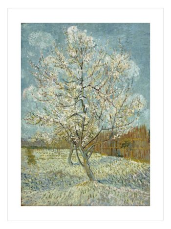 Vincent van Gogh The Pink Peach Tree eserinde çiçek açmış şeftali ağacı ve açık gökyüzü manzarası