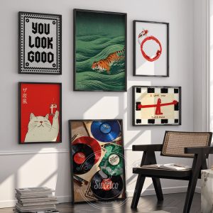 Salon için çerçeveli poster seti ile duvar dekorasyonu örneği 