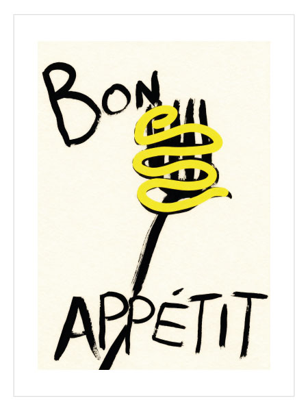 Krem zemin üzerinde sarı ve siyah detaylarla çizilmiş “Bon Appétit” yazısını ve çatal illüstrasyonunu içeren tipografik mutfak posteri
