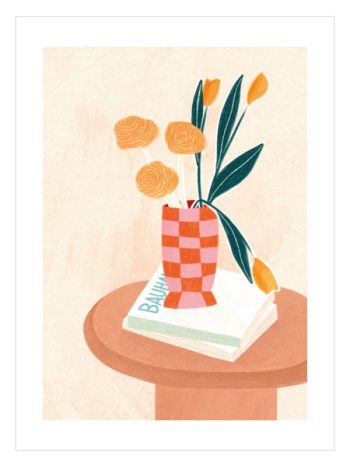 Kareli desenli vazoda çiçekler ve kitap üzerinde duran modern natürmort illustrasyon poster