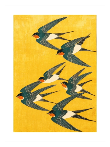 Altin sari zemin uzerinde ucan kus figurleriyle tasarlanmis Golden Flight – Altin Ucus Japon stil duvar posteri