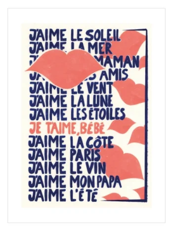 Krem zemin üzerinde Fransızca aşk cümleleri ve kırmızı dudak illüstrasyonlarıyla tasarlanmış tipografik poster