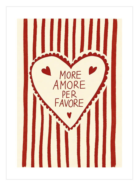 Kırmızı çizgili zemin üzerinde kalp formu içinde More Amore Per Favore yazılı romantik illüstrasyon