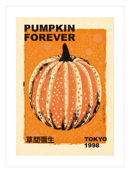 Turuncu tonlarda, Japon vintage afiş stilinde tasarlanmış, grafik balkabağı illüstrasyonuna sahip Pumpkin Forever Tokyo duvar posteri.