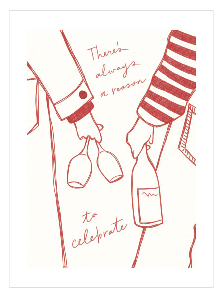 Minimal kirmizi cizgi stiliyle cizilmis, sampanya sisesi ve kadeh tutan elleri gosteren kutlama temali illüstrasyon poster