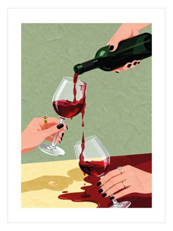 Kırmızı şarabın kadehlere döküldüğü, eller ve şarap şişesi detaylarıyla betimlenmiş modern illüstrasyon poster