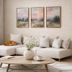 Pastel tonlarda fırça dokulu manzara temalı üçlü poster seti, modern ve sakin salon duvar dekoru