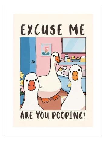 Banyo sahnesinde üç meraklı kaz figürlü komik duvar tablosu sanat baskı