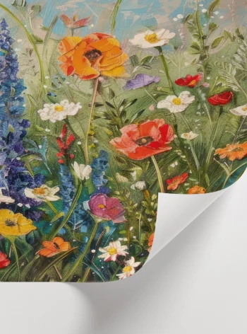 Pastel mavi zemin üzerinde çiçek desenli çerçeveli duvar posteri