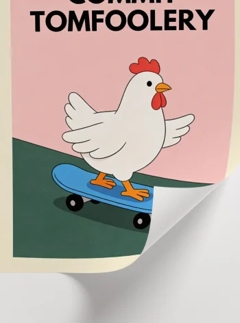 Genç odası dekoru için kaykay süren tavuk illüstrasyonu duvar posteri