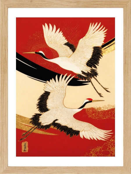 kırmızı zeminli Japon stil turna kuşu posteri