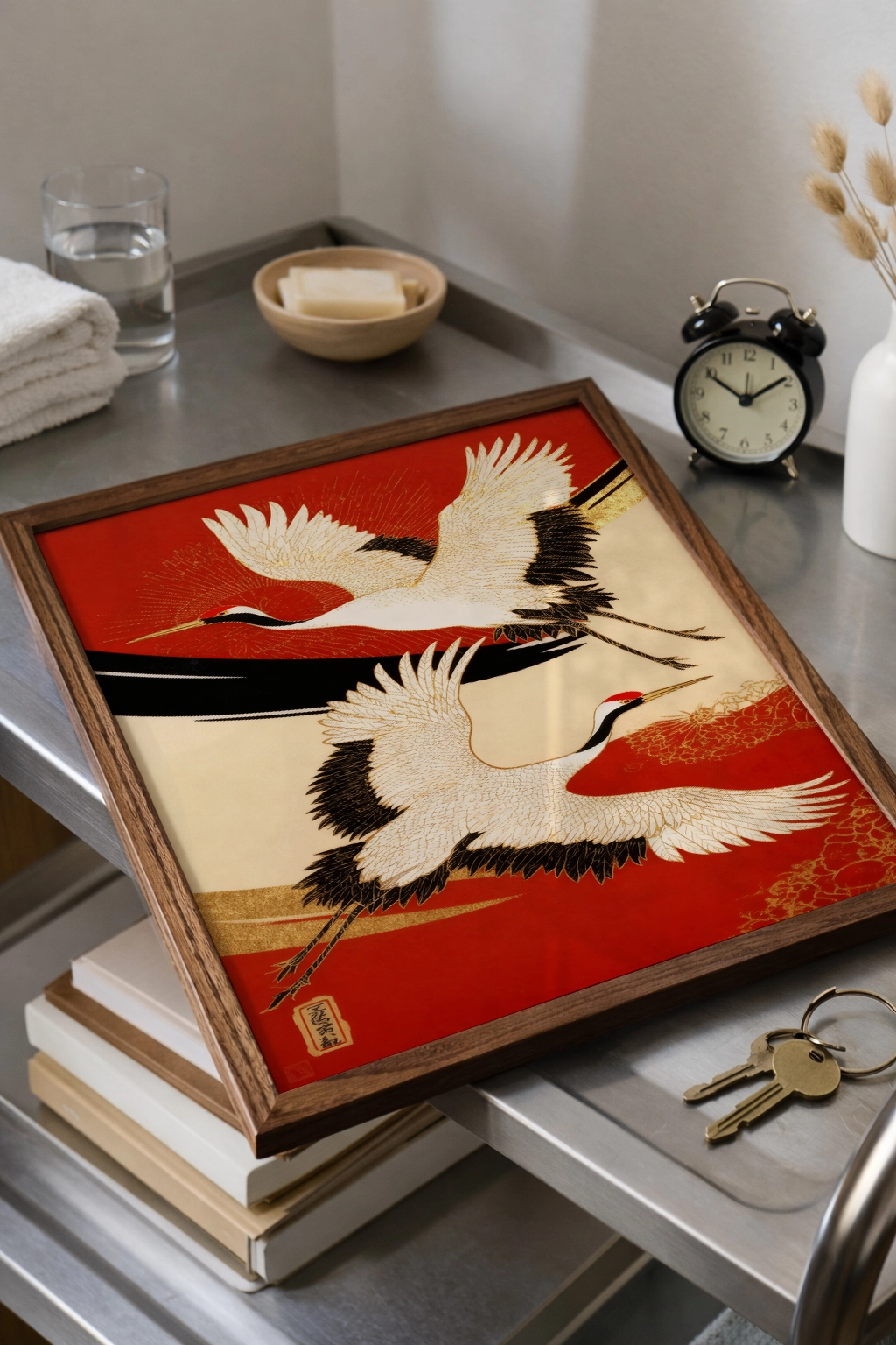 Japon turna kuşu duvar dekorasyonu posteri, kırmızı kuşlar