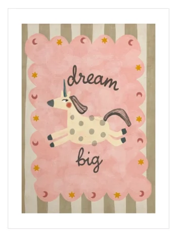 Dream Big yazılı unicorn illüstrasyonlu çocuk odası posteri