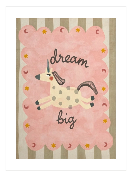 Dream Big yazılı unicorn illüstrasyonlu çocuk odası posteri