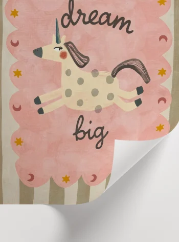 Bebek ve çocuk odaları için dream big yazılı unicorn posteri
