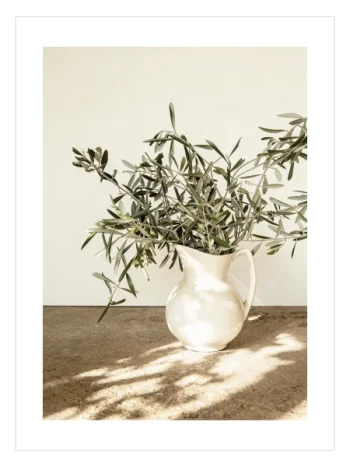 Gün ışığında zeytin dalları ve beyaz sürahi poster tasarımı