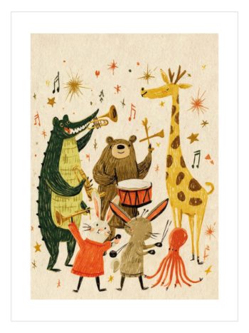 Müzik yapan sevimli hayvan illüstrasyonlu çocuk odası posteri