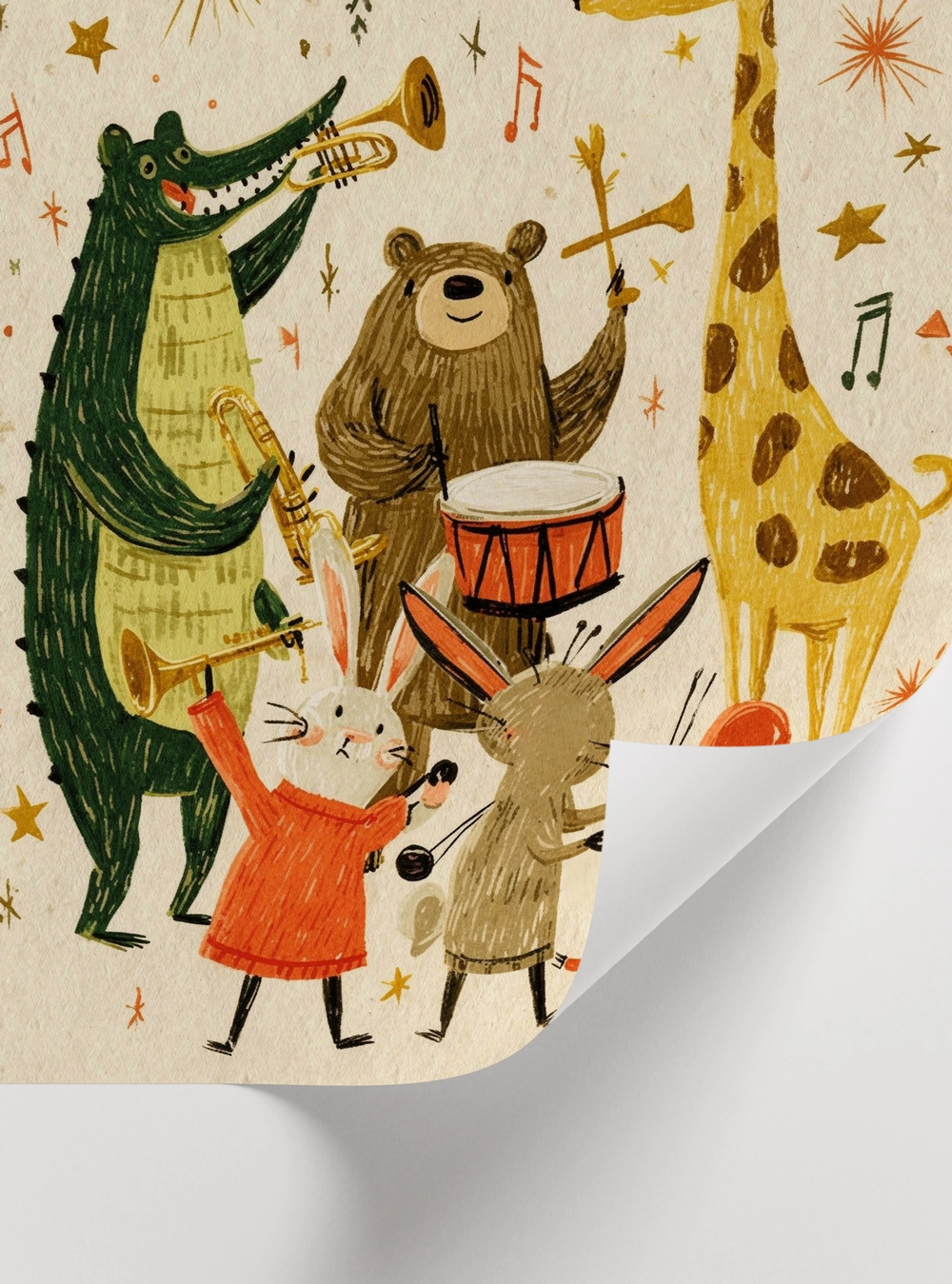 Masalsı tarza sahip müzik yapan hayvanlar çocuk odası dekorasyonu