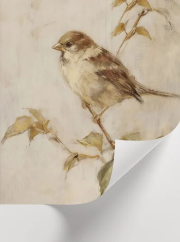 Sonbahar yapraklı dalda küçük serçe illüstrasyon posteri