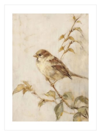 Dal üzerinde duran serçe yağlı boya stilinde poster