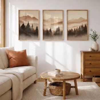 Misty Valleys sisli dağ manzaralı çerçeveli poster seti salon duvarında sweetco