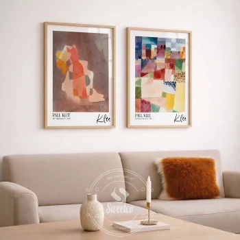 Paul Klee soyut sanat stilinde geometrik renk blokları içeren modern ikili poster seti, minimal duvar dekorasyonu için sanatsal tasarım