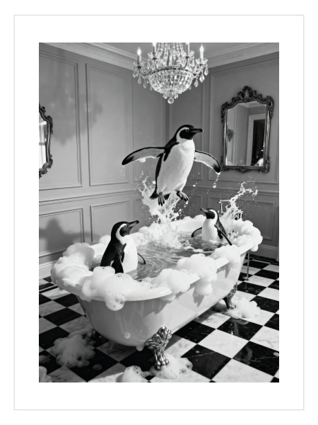 Siyah beyaz penguen banyosu temali absürt duvar posteri