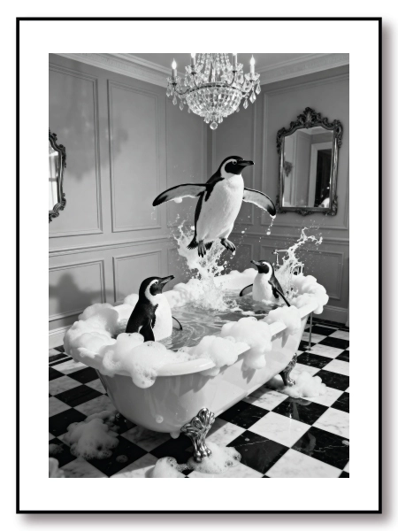 Küvet içinde penguenlerin yer aldığı sürreal sanat posteri