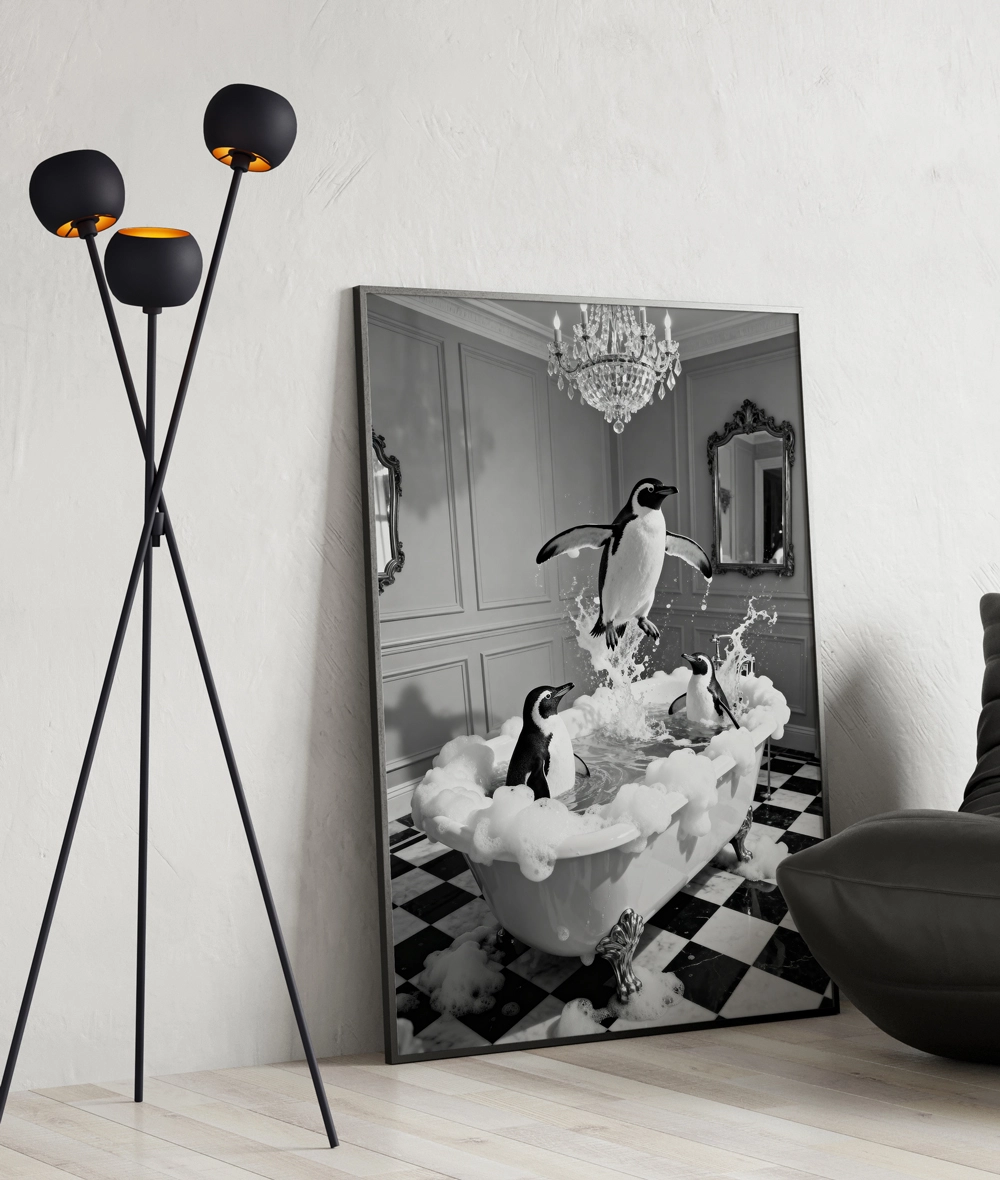 Absürt mizah temalı penguen banyosu sanat posteri