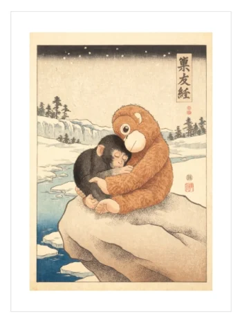 Punch karakterinin karlı nehir kenarında tasvir edildiği Japon ukiyo-e stilinde sanat posteri