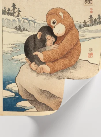 Karlı doğa arka planında koruyucu figürlü sanatsal Sweetco posteri