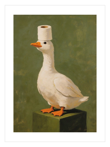 Tuvalet kağıdı tacı takmış ördek figürlü çerçeveli ve çerçevesiz poster tablo