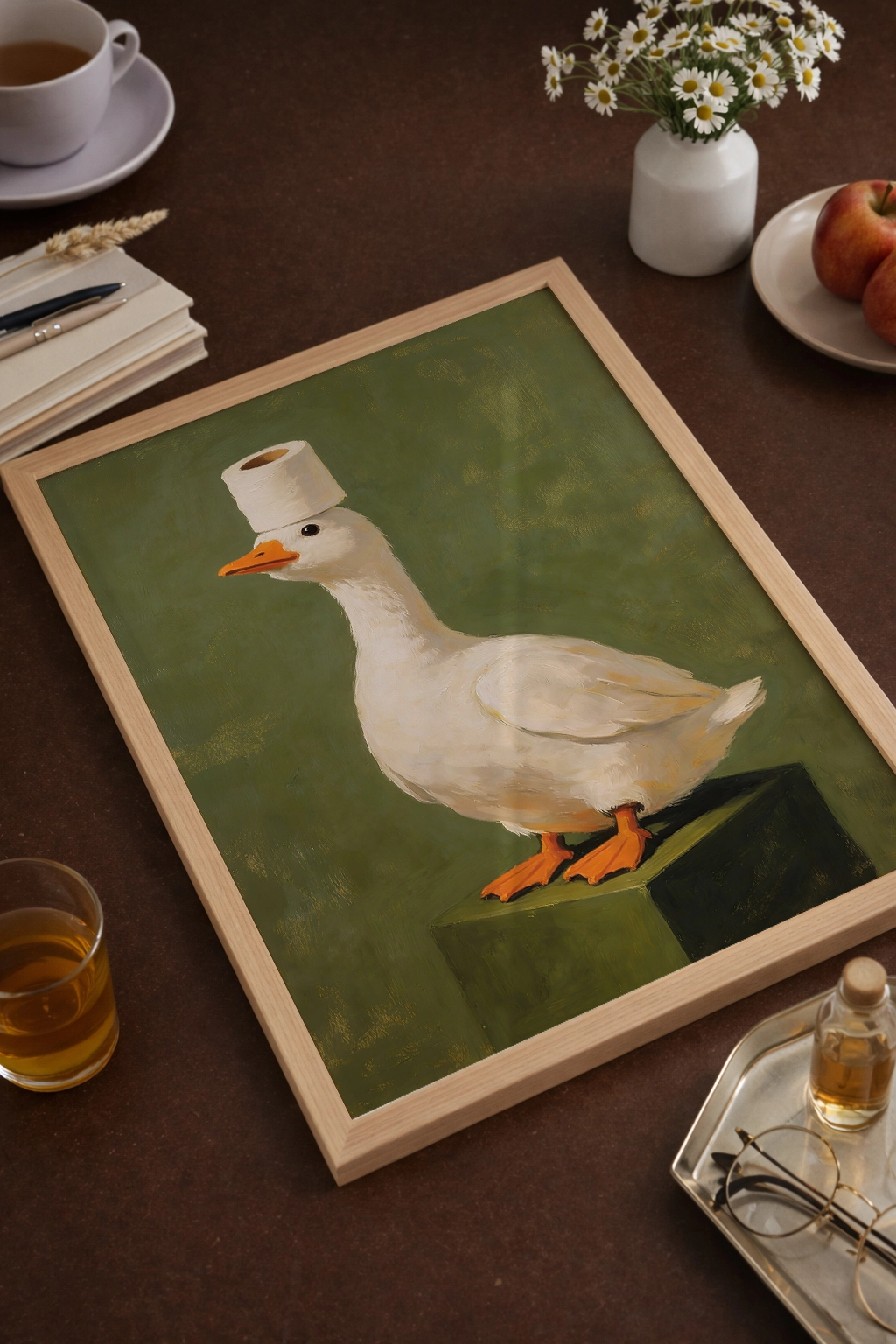 Yağlı boya stilinde mizahi ördek duvar tablosu sanat baskı