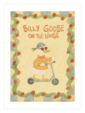 Scooter süren sevimli kaz illüstrasyonlu çocuk odası posteri