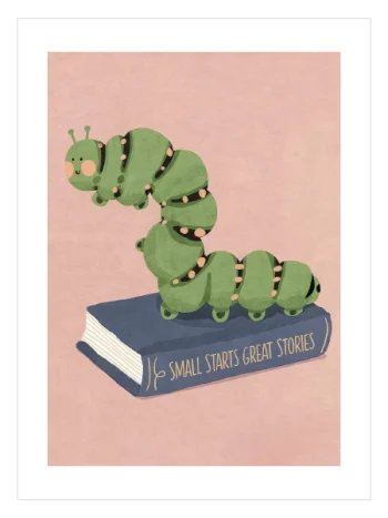 Kitap üzerinde sevimli tırtıl illüstrasyonlu çocuk odası posteri