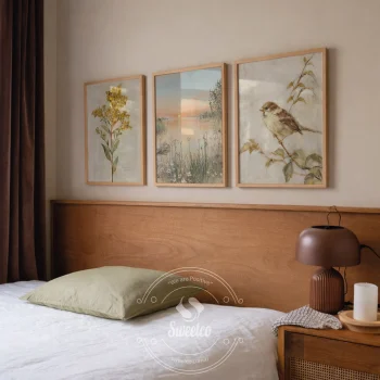 Soft Earth Poetry üçlü poster seti çiçek manzara ve serçe illüstrasyonu ile toprak tonlarında duvar dekoru