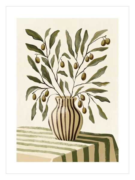 Çizgili vazo içinde zeytin dalları illüstrasyon posteri
