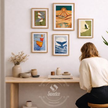 Sunwoven Stories doğa temalı çerçeveli poster seti salon duvarında