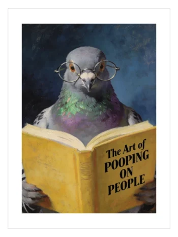 Gözlük takmış güvercinin kitap okuduğu mizahi sanat posteri