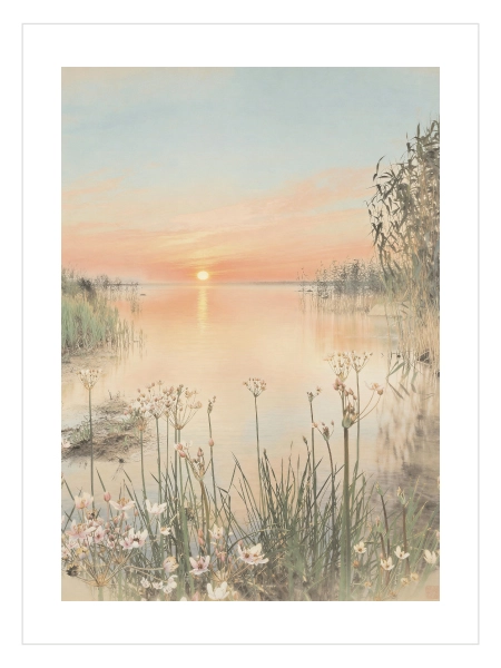Pastel gün batımında göl kıyısındaki çiçekler poster tasarımı